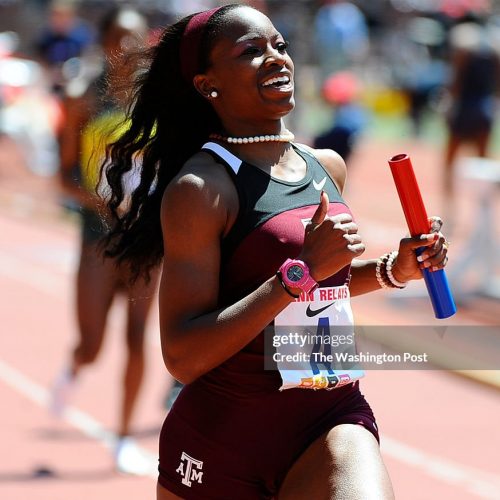 PHILADELPHIA, PA  - April 23: Gabby Mayo of Texas A&M breaks a smile after winning the College Women's 4x100 Championship of America on April 23, 2010 in Philadelphia, Pa. (Photo by Jonathan Newton/The Washington Post via Getty Images}