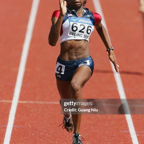 BEIJING - AUGUST 15: Gabby Mayo of US competes for the women's 100 metres during the first day of the 11th IAAF World Junior Championships at the Chaoyang Sports Centre on August 15, 2006 in Beijing China. (Photo by Guang Niu/Getty Images)